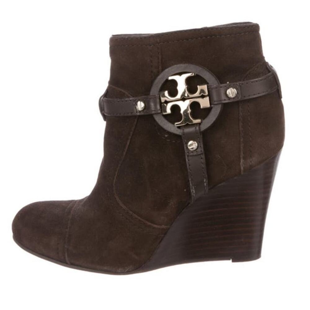 Tory Burch - Brown Suede "Aaden" Wedge Ankle Booties W/ Logo size 5.5